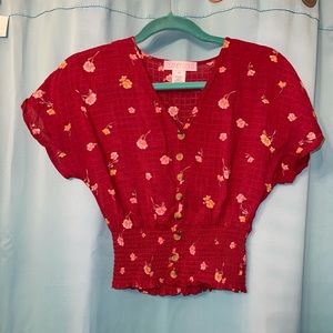 Red floral print short sleeved blouse